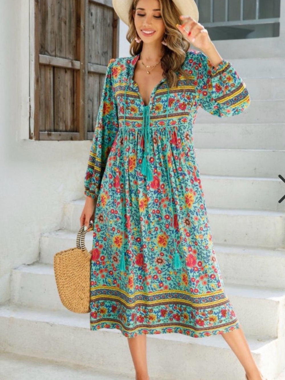 Teal Floral Maxi Dress with Tassel Tie
